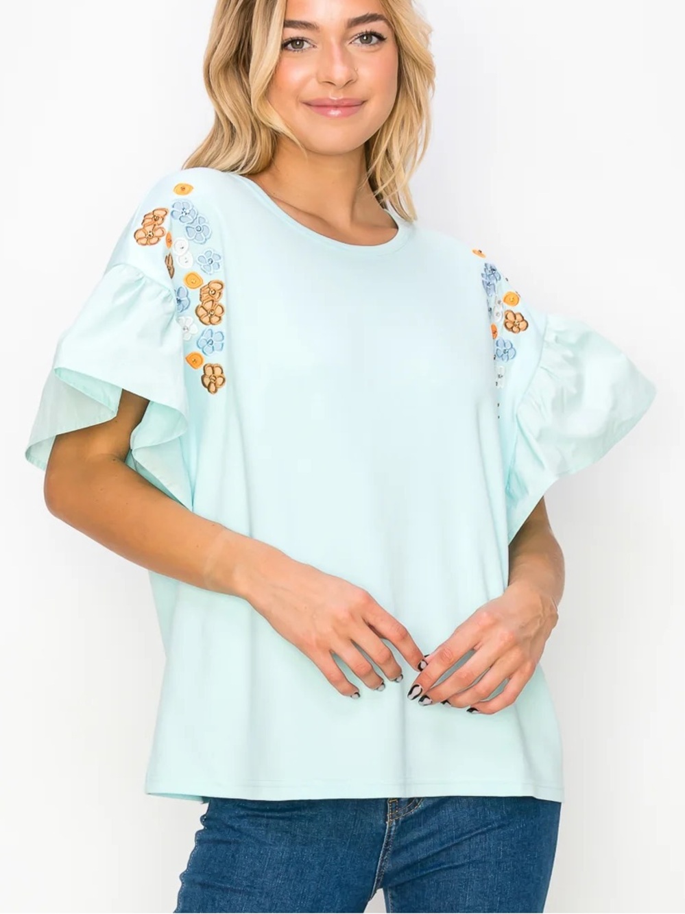 JOH APPAREL RINNIE POINTE KNIT TOP WITH EMBROIDERED FLOWER SPARKLES